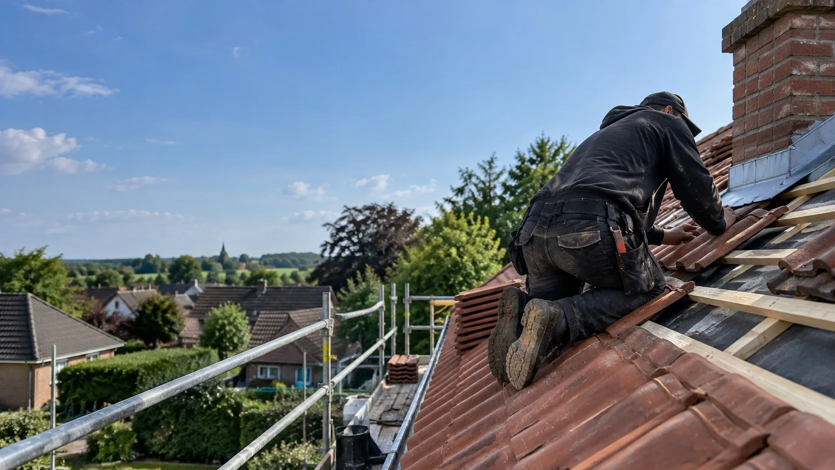 Couvreur posant des tuiles sur des liteaux, depuis un échafaudage